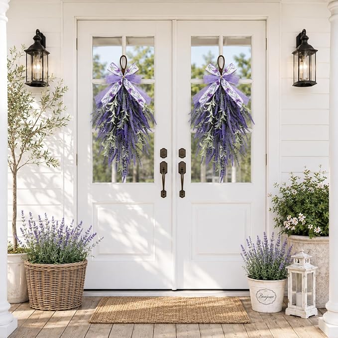 nuvagiki Lavender Teardrop Swag, 2 Pack 24 Inch Front Door Swag Wreaths, Spring Summer Rustic Farmhouse Door Decor, Purple Floral Hanging Swag for Porch