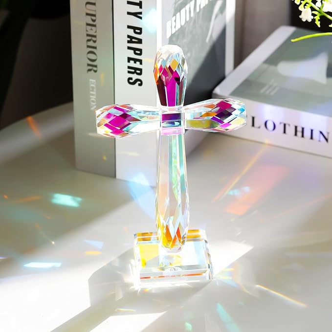 YWHL Colorful Crystal Standing Cross Decor, Handmade Glass Holy Cross Collectible Figurines Decoration, Religious Gifts for Women Men, Christian Easter Cross for Home Office Decor