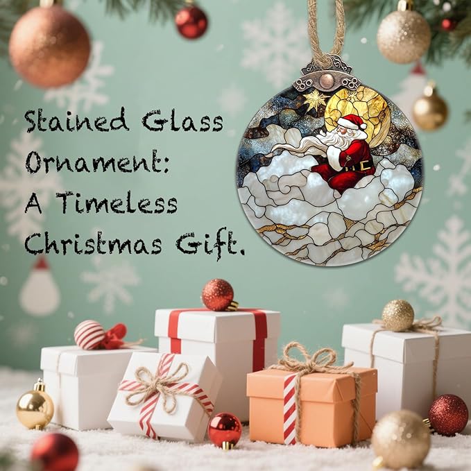 DASTOLL Stained Glass Christmas Decorations, Golden Moon Santa Claus Cloud Suncatcher for Window Christmas Tree Hanging Ornaments Sun Catcher Xmas Decor Gifts for Women Men Mom Nana Friend