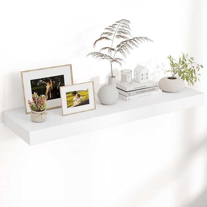 Venusmiles Floating Shelves for Wall, 40" W x 12" D x 2" H, 1 Pack of Long Wall Mounted Engineered Wood Shelves with Invisible Brackets for Living Room, Bedroom, Bathroom, Kitchen Decor, White