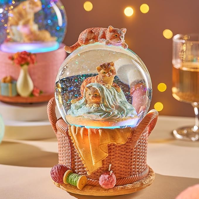 LOVE FOR YOU Gift Wrapped Music Box Cat Lovers Flower Basket Musical Snow Globe Decoration for Girls and Women Kids Niece Sister Daughter Mom Granddaughter Grandma Christmas Birthday Present