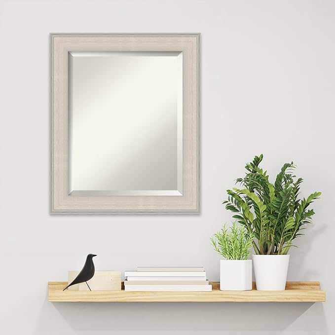 Amanti Art White Wall Mirror 24x20 Cottage White Silver Rectangle Bathroom Mirror for Wall Decor Living Room, Small Cottage Wood Frame, Hangs Horizonally and Vertically, Bathroom Decor, Beveled Edge