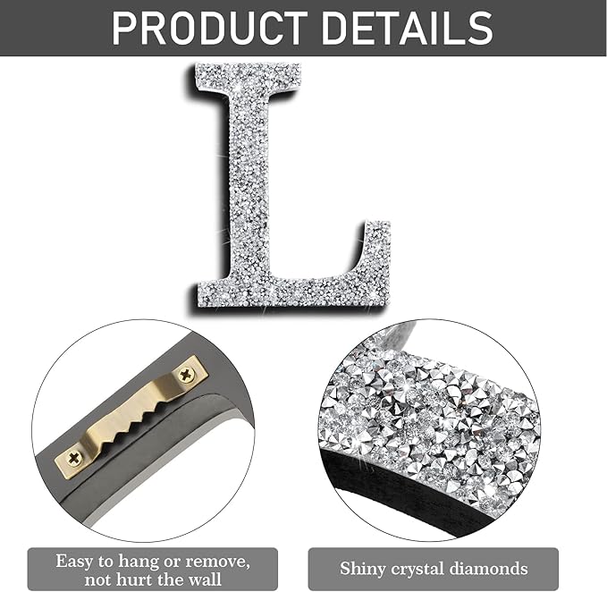 Qunclay 5.7" Silver Crystal Diamond Bling Letters Crushed Diamond Decoration Wooden Glitter Letter with Screw and Hooks Rhinestone Gift for Wedding Y2k Mcbling Bedroom Wall Decor (Letter L)
