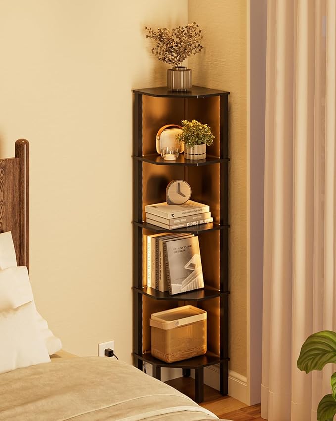 Corner Shelf Stand, 5 Tier Corner Bookshelf,Corner Furniture for Bedroom Display Corner Shelf for Small Space,Wood Shelves with Storage Rack for Living Room,Office,Black