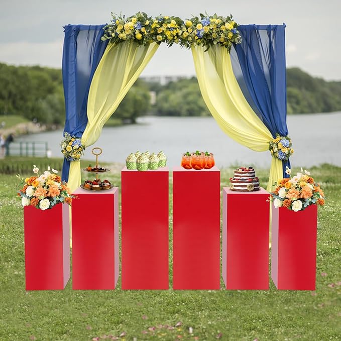 6 PCS Display Pedestal Stand, Metal Display Pedestal Stands Decoration Cube Sculpture Displays Column Square Displays Stands Pillars for Wedding Party Baby Shower Birthday (Red, 6PCS)
