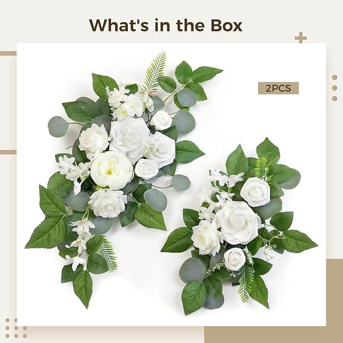 Faux Floral Swags for Weddings - Set of 2 White Artificial Flowers for Ceremony Signs and Reception Decor