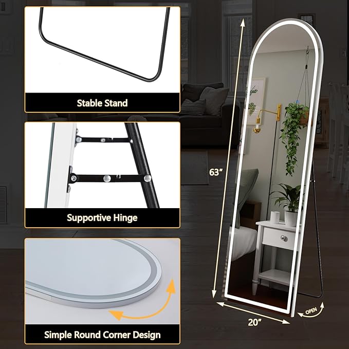 DUMOS Arched LED Full Length Floor Mirror, 63"x20" Full Body Standing Mirror with Lights, 3 Color Lighting, Hanging or Leaning, Wall Mounted, Modern Simple Home Wall Decor, White