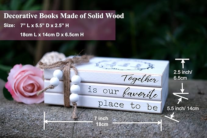 LIVDUCOT Decorative Books for Home Coffee Table Decor, Faux Books for Decoration, Modern Farmhouse White Wood Book Stack Decor for Shelf, Together is Our Favorite Place to Be Sign 7x5.5x2.5