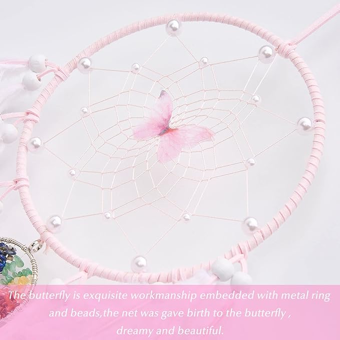 Dreamlike Butterfly Tree of Life Dream Catcher Wall Decor Pink Dream Catcher with Crystal Stone Handmade Feather Dreamcatchers Home Decor Wall Hanging for Girls Bedroom Wedding Craft Gift-29.5"