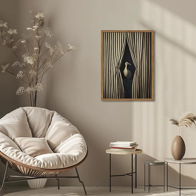 Framed Moody Crane Wall Art, Eclectic Vintage Bird Pictures Wall Decor Paintings, Surreal Humorous Animal with Black and White Striped Canvas Prints for Living Room Bedroom Bathroom Dorm 12x16 inch