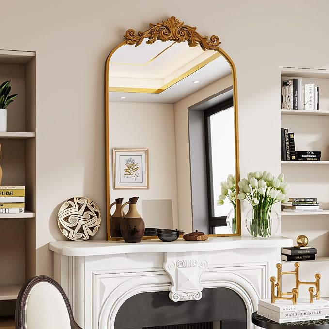 VooBang Vintage Arched Bathroom Mirror, 24x36 Inch Retro Wall Mounted Vanity Mirror with Carved Pattern Top and Metal Frame, Gold Decorative Mirror for Hanging or Leaning