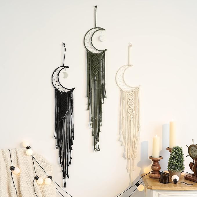 ANROYE Boho Macrame Woven Wall Hanging, Crochet Crescent Moon Star Dream Catcher with Long Tassel- Black Cotton Handmade Bohemian Home Decor Nursery Decoration Art for Kids Bedroom Dorm Room