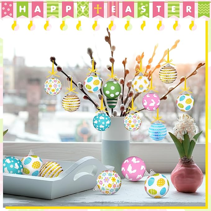 Zeyune 16 Pcs Easter Tree Ornaments for Small Tree Easter Egg Bunny Decorations Hanging Sequin Balls Ornaments for Home Seasonal Holiday Party