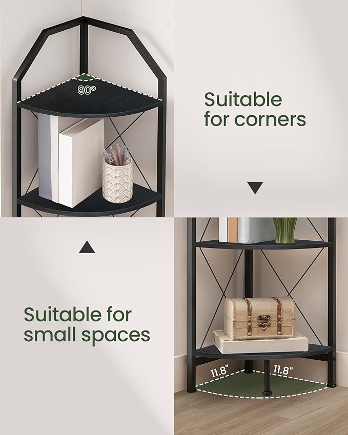 CHOEZON 5-Tier Corner Shelf, Industrial Corner Bookshelf, 59.4" Corner Storage Stand, Plant Stand Display Shelf, Corner Bookcase for Bedroom, Living Room, Home Office, Black TCJ10BB