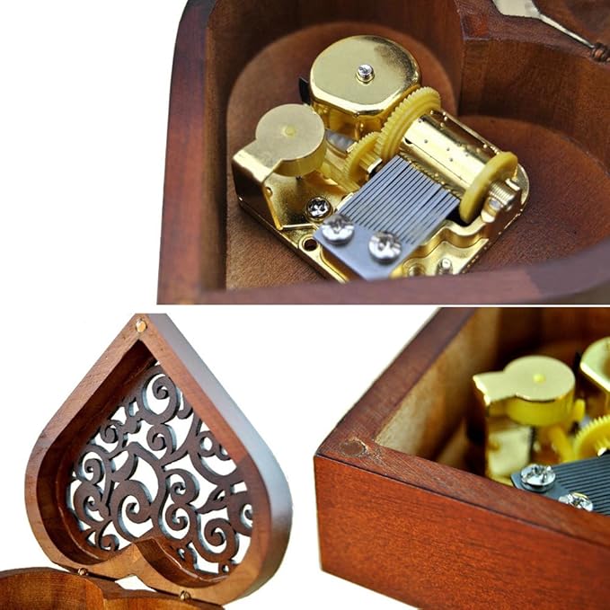 WESTONETEK Heart Shape Vintage Wood Carved Mechanism Musical Box Wind Up Music Box Gift For Christmas/Birthday/Valentine's day, Melody Canon in D Major