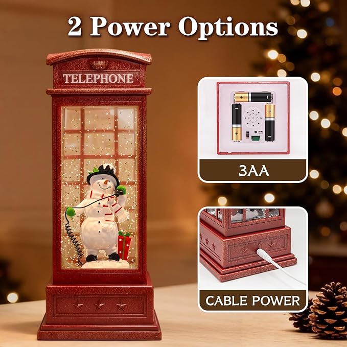 Large Snow Globes, Snowman Christmas Lantern,Glitter Vintage Phone Booth, 8 Songs, 6H Timer Battery & USB Powered, Music Box for Christmas Table Decorations