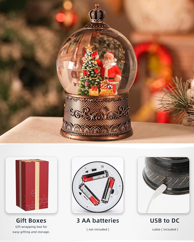 Snow Globe Christmas with Santa Claus, Lighted Christmas Snow Globes with Timer, Swirling Musical Glittering Snowglobe Lantern for Decorations(Santa Claus Gifts)