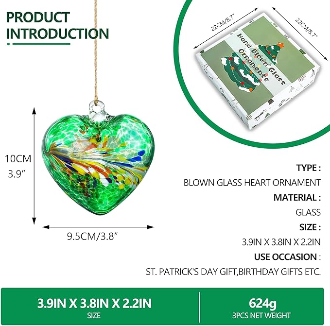 Set of 3 Green Blown Glass Heart Ornaments 4 Inch Hanging Decor for Outdoor Unique Home Garden Patio Decoration for Mom Wife
