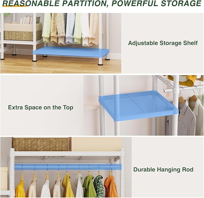 LEHOM G6 Wire Garment Rack Heavy Duty Clothes Rack Compact Large Size Armoire Storage Rack Freestanding Metal Clothing Rack Closet Wardrobe with 3 Hanger Rod and 4 Large Shelves 4 Small Shelves, White