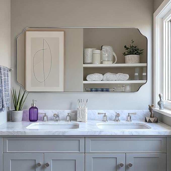 ANDY STAR 30"x55" Large Bathroom Mirror, Chrome Scalloped Mirror for Wall, Full Length Wall Mirror with Unique Notched Corner Design, Hangs Vertically or Horizontally