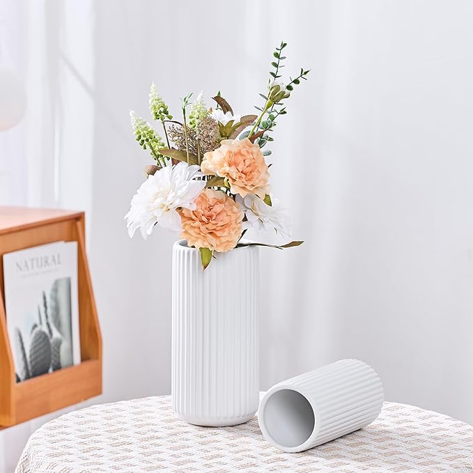 White Ceramic Flower Vase for Pampas Grass, 6 inch Small Decorative Centerpiece Ribbed Vase for Dining Table, Office Desktop, Shelf Bookshelf, Mantel, Bathroom, Countertop, Farmhouse, Gift