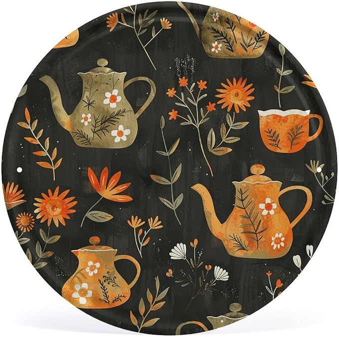 Wall Picture, with Plants and Teapot Printed Circular Iron Hanging Picture,Wall Art Decor,Home for Bedroom Living Room Bathroom Decor,Iron Painting 11.8X11.8 in