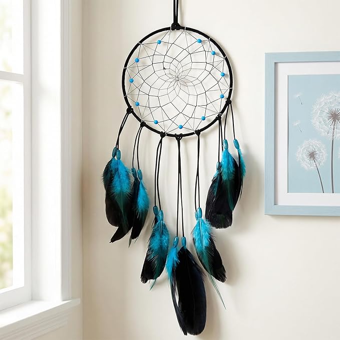 Blue Dream Catchers Home Handmade Blue Dreamcatcher Style Retro Feather Dreamcatcher Traditional Bedroom Decor Wall Hanging for Ornament Art Craft Gift Adults Halloween Christmas