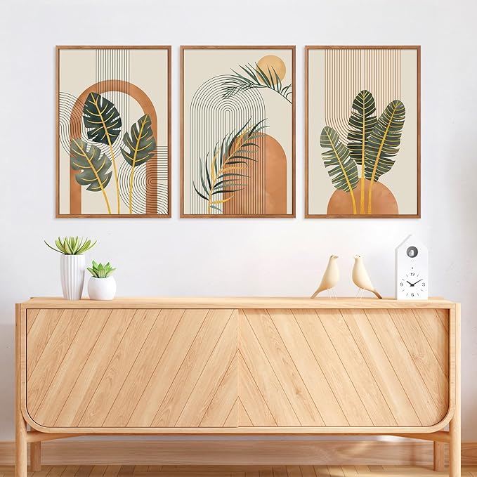 KAIRNE Boho Canvas Wall Art,Abstract Minimalist Room Decor,Tropical Botanical Wall Decor,Mid-Century Geometric Illustrations Set of 3(16”X24”),Botanical Print for Living Room Bedroom Dining Room Decor
