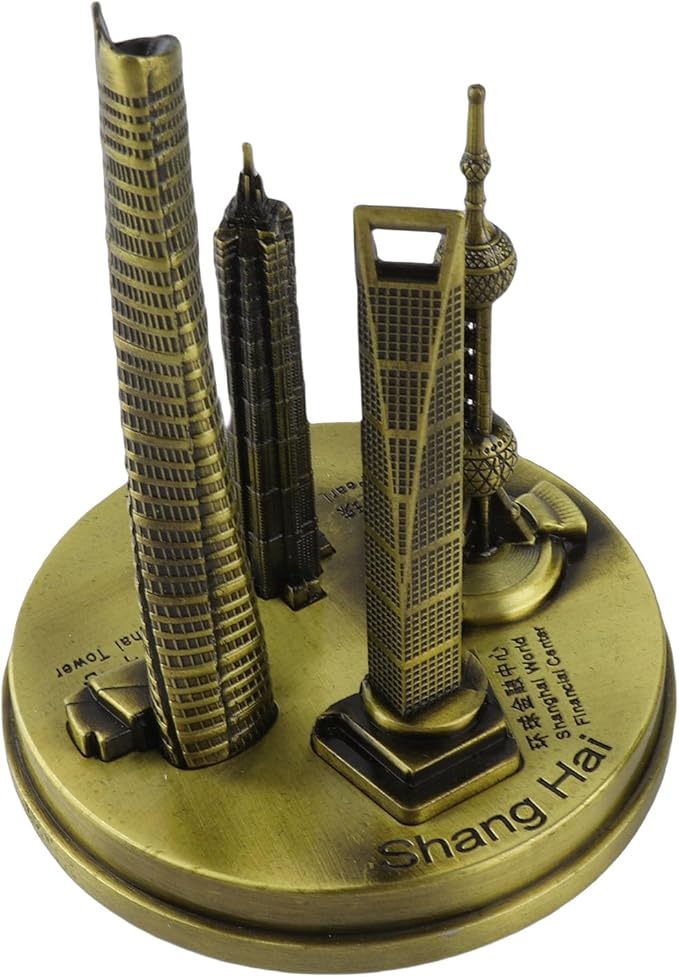 Shanghai Building Collection Model Set, Oriental Pearl Tower and Jin Mao Financial Center Souvenir, Electroplated Bronze Gold Metal Architecture Miniatures for Office Home Decor (Bronze-Small)