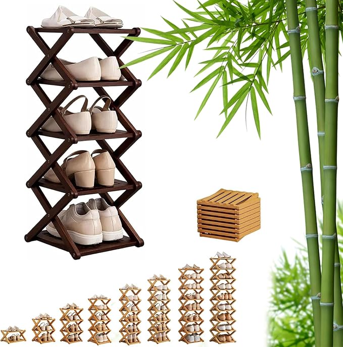 9 Tier Bamboo Shoe Rack, Foldable Shoe Rack, Shoe Rack, Ertical Shoe Organizer for Small Spaces, No Assembly Narrow Shoe Shelf for Entryway Closet Dorm (Brown, 5 Layers)