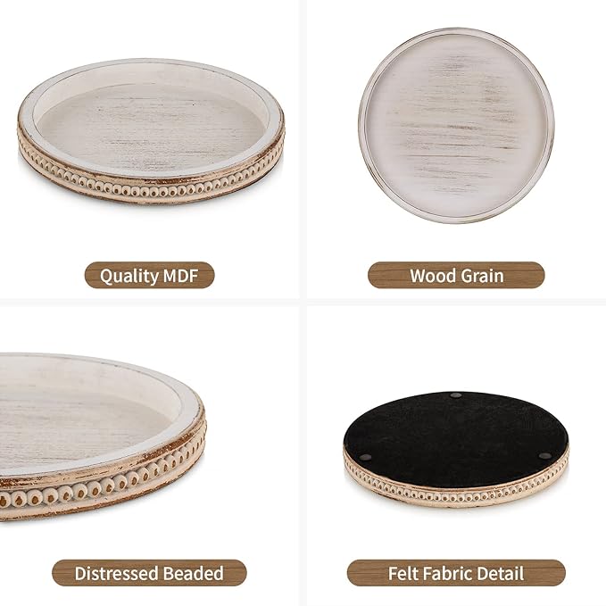 Hanobe Round Wooden Decorative Tray: White Washed Bead Tray Decor for Coffee Table Centerpiece Rustic Farmhouse Tray for Kitchen Counter Living Room Decoration