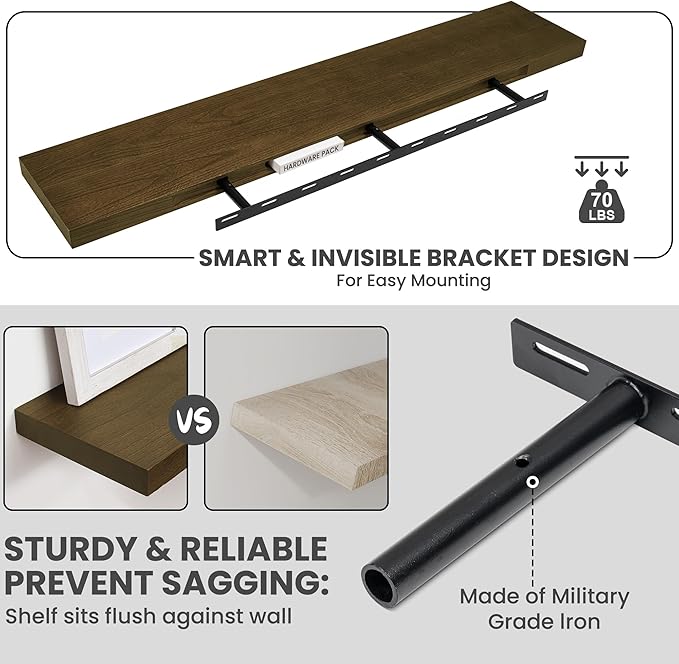 Solid Wood Floating Shelves For Wall, 48”W x 9”D x 1.56”H Large Wall Shelves for Living Room Bedroom Bathroom Kitchen Drcor Storage with Invisible Heavy-Duty Metal Bracket, Light Brown, Set of 1