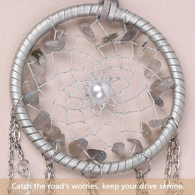 Pretty Jolly Crystal Stone Small Dream Catchers Grey Blue Feathers Mini Dreamcatchers with Beads for Cars Rear View Mirror Hanging Decoration Good Luck Travel Charm Bedroom Ornaments for Women Girls