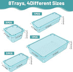 WOWBOX 8 PCS Plastic Drawer Organizer Set, 4 Sizes Desk Drawer Organization and Storage Containers for Makeup, Cosmetics, Jewelry and Gadgets in Kitchen, Bathroom, Bedroom, Office, Clear Sea Blue