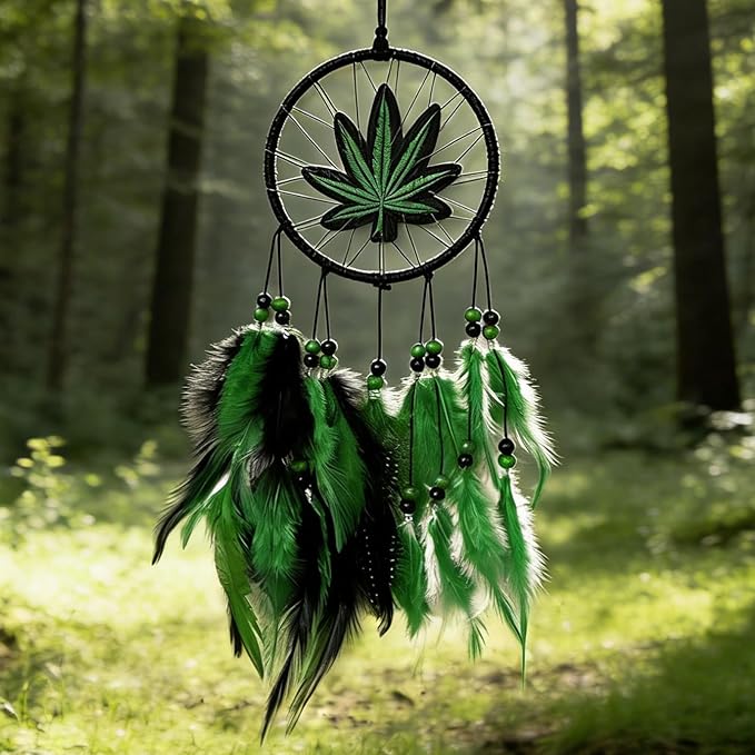 Dream Catchers, Green Leaf Weed Dreamcatcher Wall Hanging Ornament for Bedroom Living Room Apartment Wedding Party Decor, Festival Blessing Gift (Leaf-S)