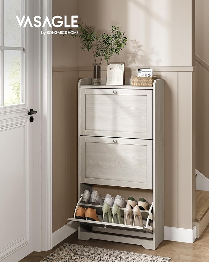 VASAGLE Shoe Cabinet with 3 Flip Drawers, Shoe Organizer, Adjustable and Removable Dividers, Holds 12-20 Pairs, Entryway, 9.4 x 23.6 x 47.7 Inches, Oatmeal Beige ULBC036LN02S