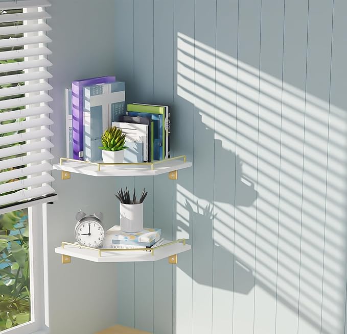 Tirzah White Wall Mount Corner Shelf with Gold Metal Guardrail, 2-Tier 9.5-inch Diamond-Shaped Wood Corner Floating Shelves for Home Decor Kitchen Organizer