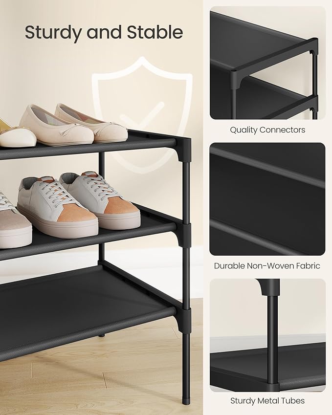 SONGMICS Shoe Rack, 2-Tier Shoe Storage Organizer, Space-Saving, 11.7 x 36.1 x 12.2 Inches, Entryway, Metal Frame, Non-Woven Fabric Shelves, Ink Black ULSH032BH01