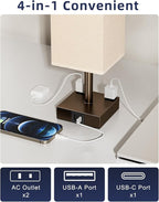 aooshine Brown Touch Table Lamp - Bedside Lamp with USB A + Type C Charging Ports and Two AC Outlets, Small Night Stand with E26 LED Bulb, Desk Light for Bedroom Living Room Office Dorm