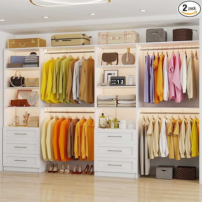 Closet System with 6 Wood Drawers, 6.6-13FT Closet Organizer System with Cuttable Shelves for Walk in Closet with 6 Expandable Hanging Rods, Heavy Duty Built-in Closet for Bedroom, White