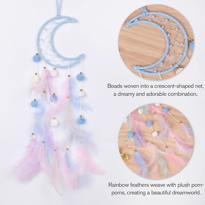 Pretty Jolly Blue Moon Kids Dream Catcher Wall Decor Pompom Feather Baby Dreamcatcher Handmade Children Dream Catcher Home Décor Wall Hanging for Nursery Bedroom Boys Girls Birthday Gift-25.6in