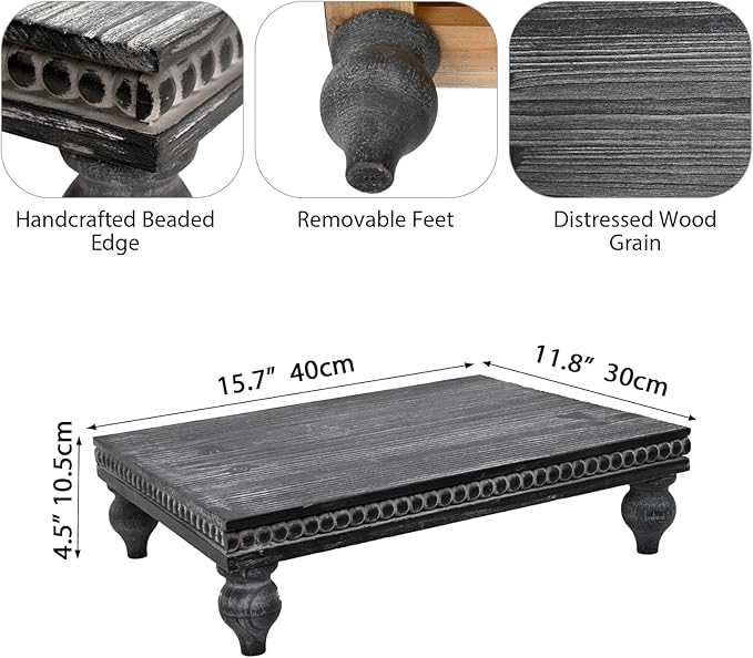 SwallowLiving Farmhouse Wood Riser for Display Decorative, Rustic Shabby Chic Tray for Kitchen Counter, Coffee Bar Table, Dining Room, Wooden Rectangle Beaded Pedestal Stand for Food, Black