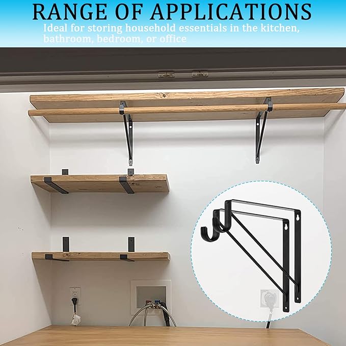 4PCS Heavy Duty Black Closet Rod Brackets 11 x 11 Inch,1-3/8Inch Diameter Shelf and Rod Bracket Holder for Home and Closet Decor, Wall Mount Closet Pole Supports Bracket Hook with Screws