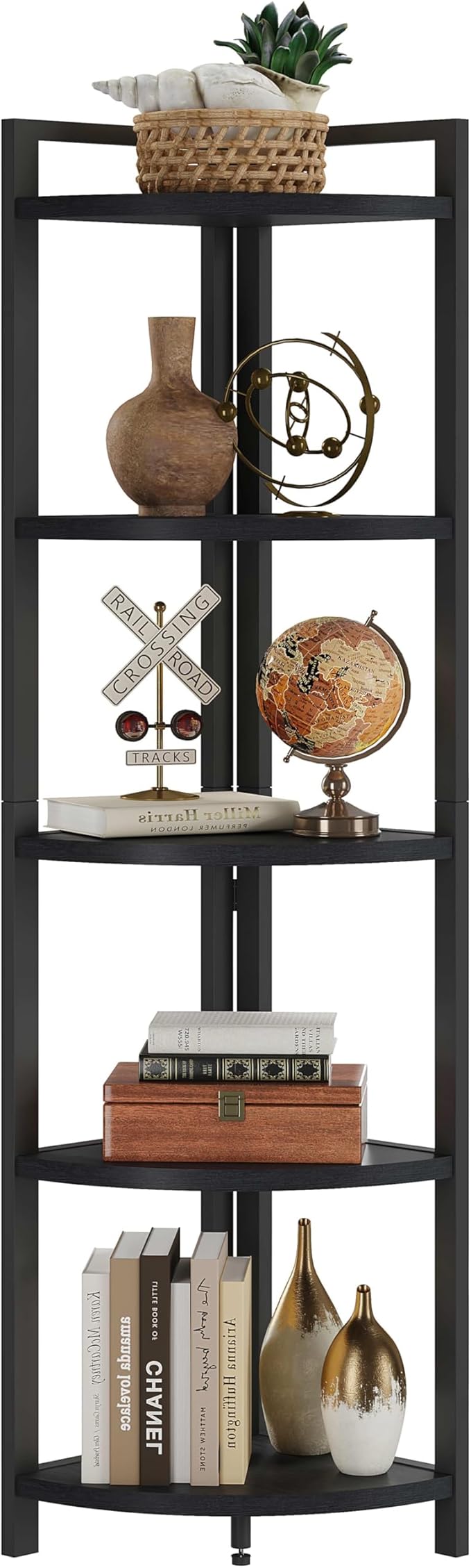FATORRI Rustic Tall Corner Shelf, 5 Tier Industrial Corner Bookshelf for Living Room, Dark Wood and Metal Corner Plant Stand for Balcony (Black)