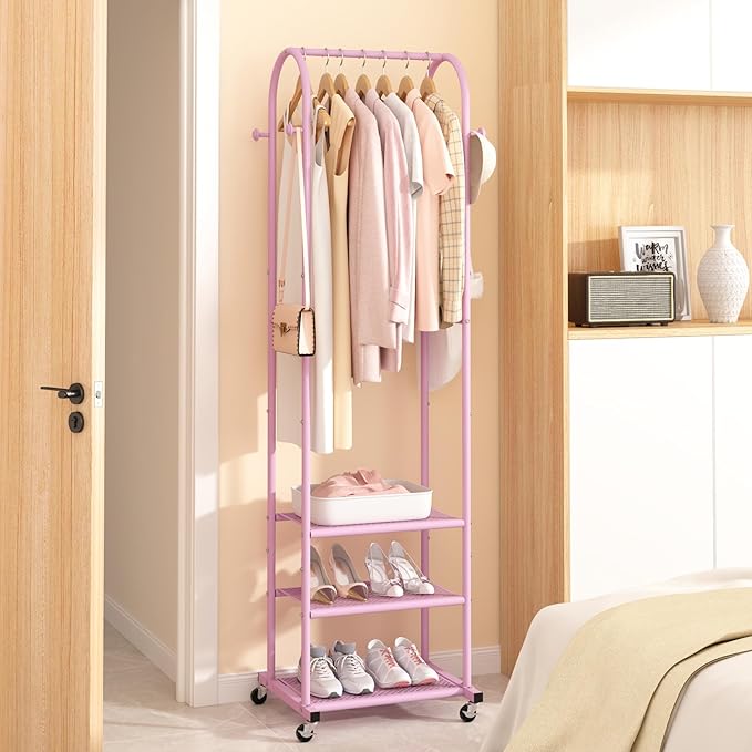 Heavy Duty Clothing Rack with Wheels,Modern Garment Rack with 3 Metal Shelves, 71.8Inches Display Rack for Hanging Clothes, Hanging Rod for Small Space,Pink