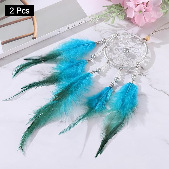 uxcell 2pcs Dream Catchers, Small Handmade Feather Dreamcatcher Supplies Car Charm with Crystal Beads Wall Hanging Decor for Home Car Decoration Ornament Women Friend Gift, Peacock Blue