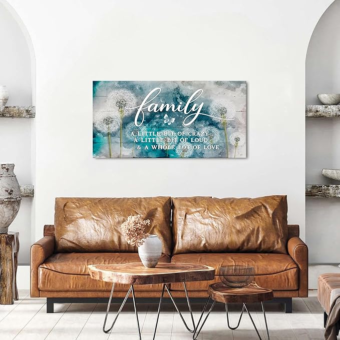 Family Wall Decor Teal Kitchen Wall Art Farmhouse Inspirational Quotes Canvas Prints A Little Bit of Crazy Loud Love Large Dandelion Family Signs for Home Decor Wall Living Dining Room Bedroom 20x40"