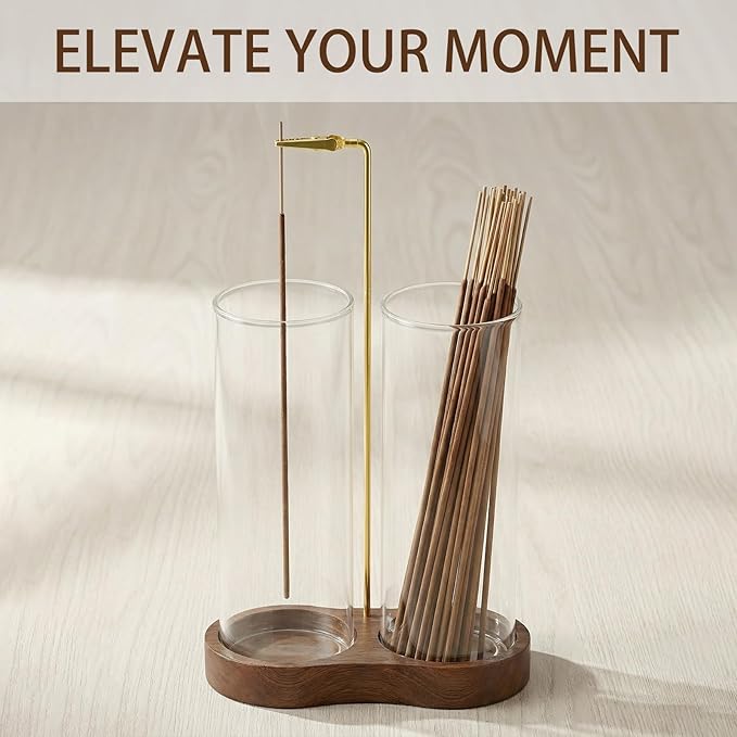 Incense Holder,Wooden Incense Holder for Sticks with 20 Incense Sticks, Anti-ash Incense Burner with Glass Ash Catcher, Wood Incense Holder 20 Stick (2 Glass Ellipse Base)