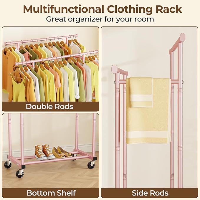 Double Rods Clothes Rack, Sturdy Rolling Clothing Rack, Portable Clothing Racks for Hanging Clothes - Metal Garment Rack Wardrobe Coat Rack for Bedroom Laundry Living Room, Pink