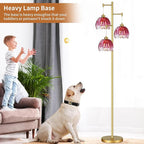 QIYIZM Pink Floor Lamp for Living Room,Bedroom,Gold Mid Century Modern Standing Lamp Brass Tree 3 Light Tall Floor Lamps Vintage Retro Floor Lights Glass Flower Lamp Shade Farmhouse Boho Bohemian